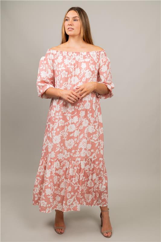 Off The Shoulder Peasant Dress Rose/White