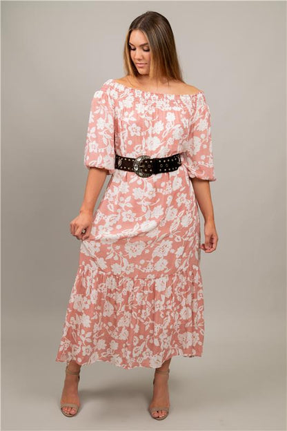 Off The Shoulder Peasant Dress Rose/White