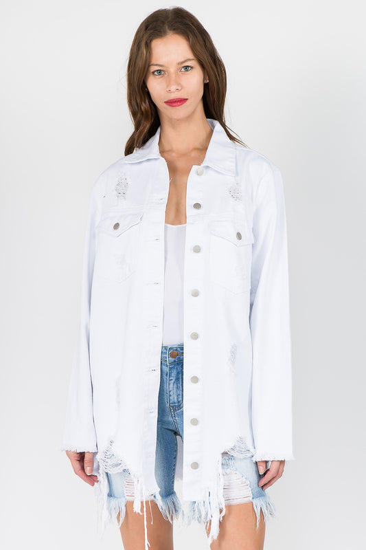 Distressed Denim Shacket Curvy White