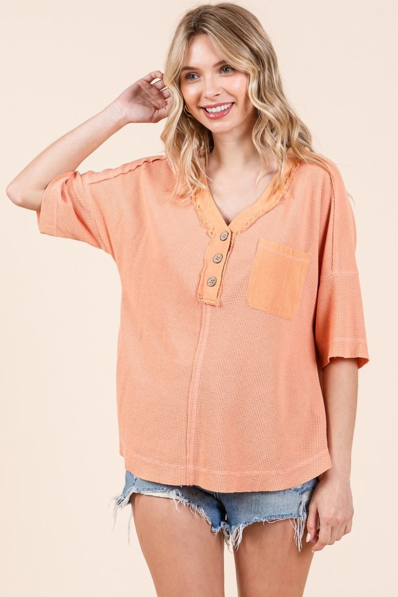 Button Front Waffle Knit Top Coral