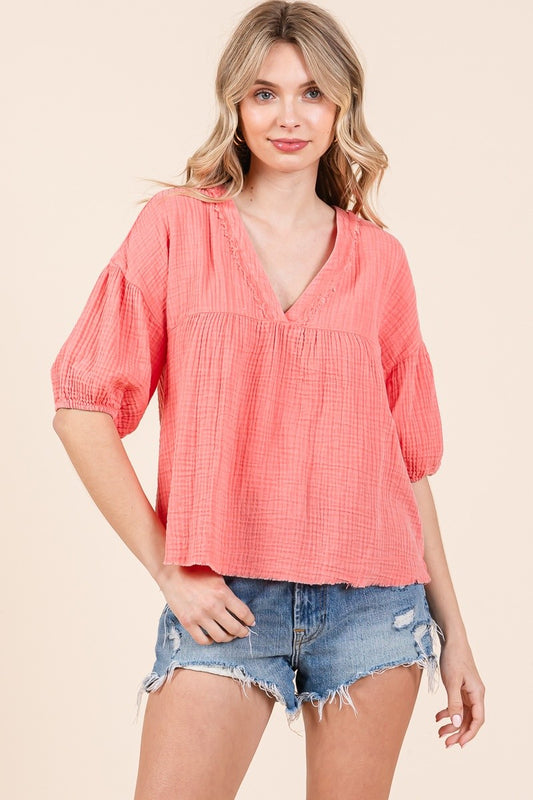 Cotton Gauze Puff Sleeve Top Coral