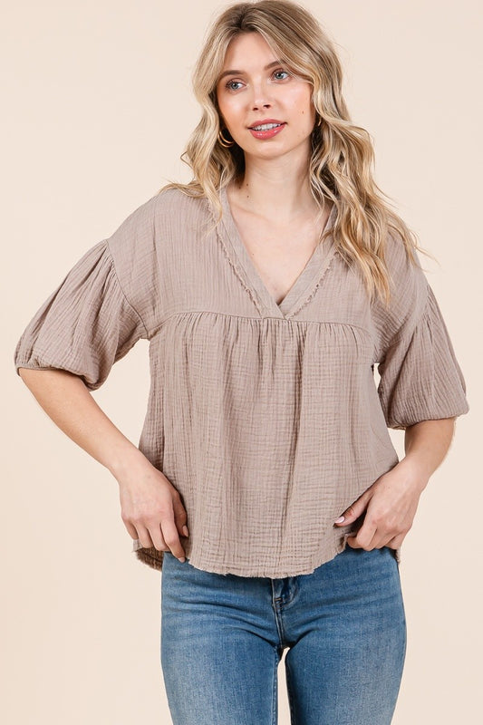 Cotton Gauze Puff Sleeve Top Taupe