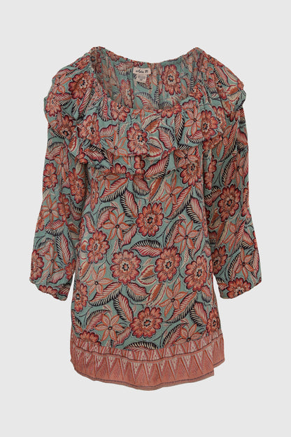 Rust/Turquoise Floral Popover Blouse