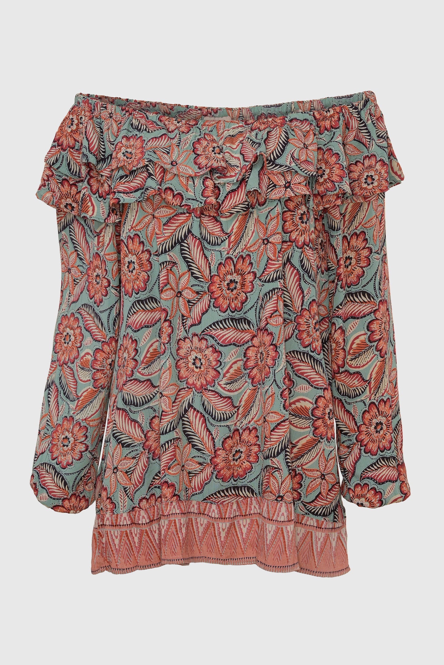 Rust/Turquoise Floral Popover Blouse