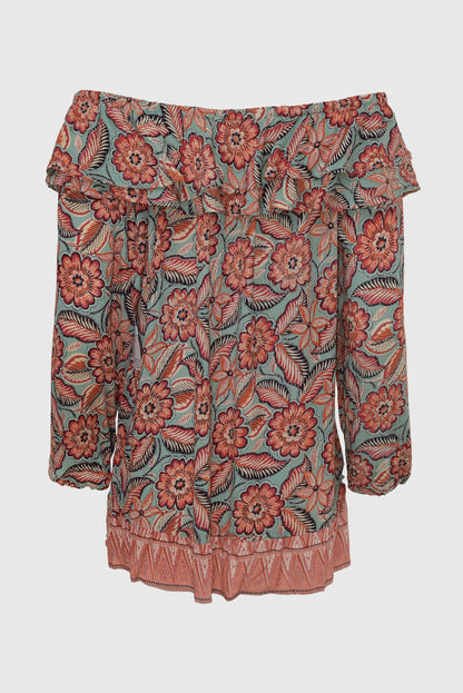 Rust/Turquoise Floral Popover Blouse