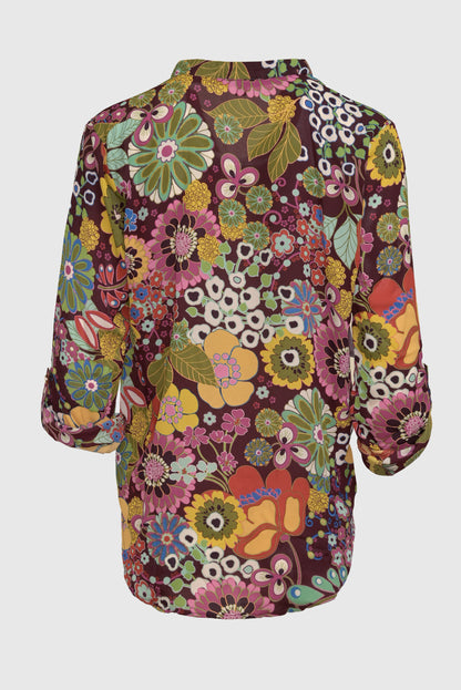 Multi Floral Spilt Neck Chiffon Roll Tab Top