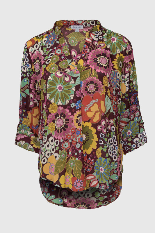 Multi Floral Spilt Neck Chiffon Roll Tab Top