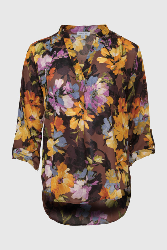 Mustard Floral Split Neck Chiffon Roll Tab Top