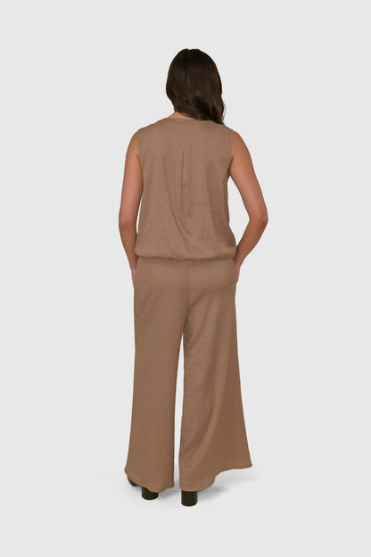 Textured Knit Henley Tank w/Paper bag Pant Set Taupe