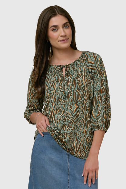 ITY KNIT 3/4 SLEEVE PEASANT TOP- Jade