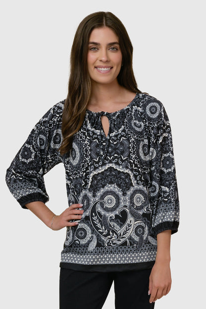 ITY KNIT 3/4 SLEEVE PEASANT TOP - CURVY Black/White