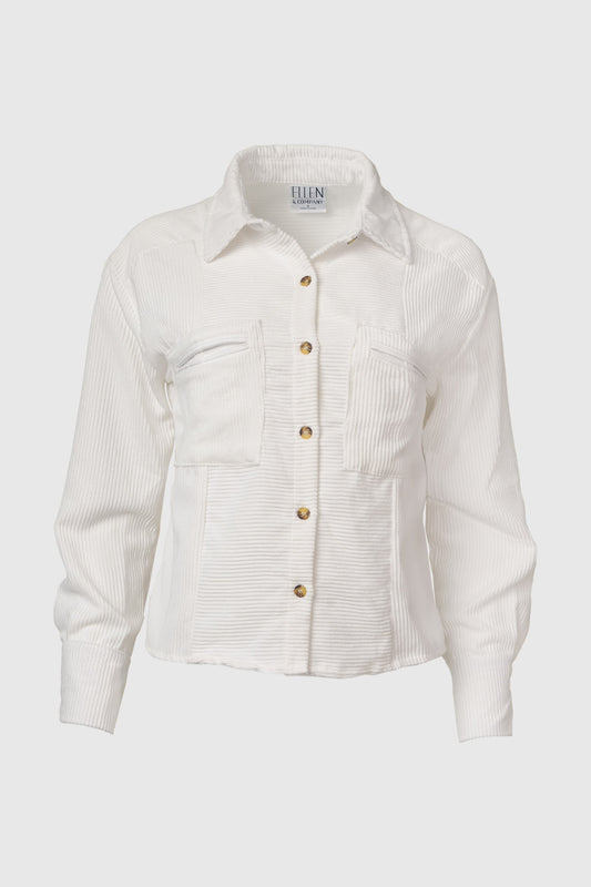 Button Front Corduroy Drop Shoulder Jacket White