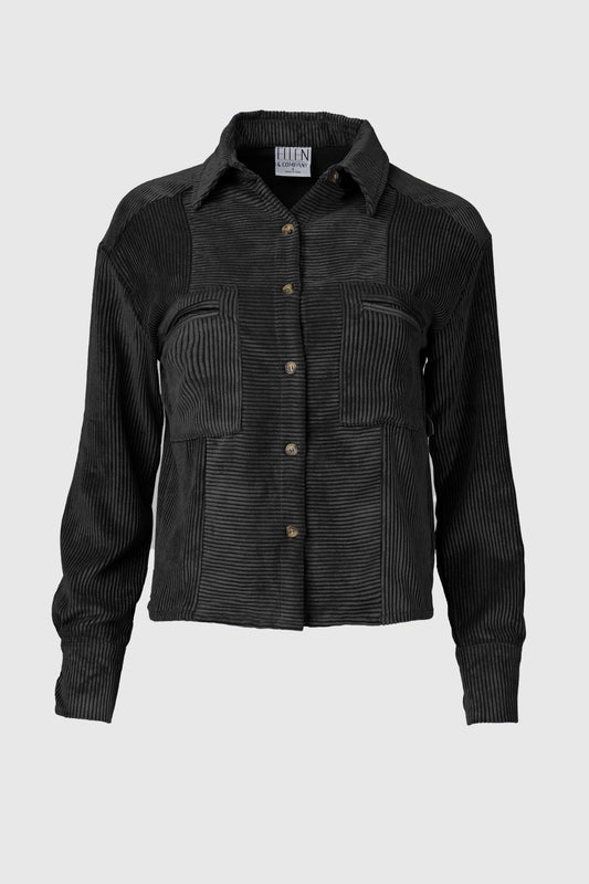 Button Front Corduroy Drop Shoulder Jacket Black