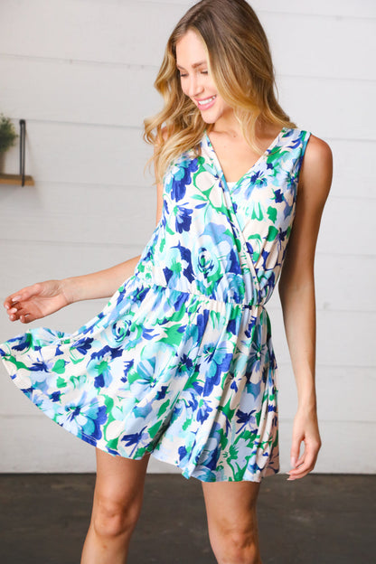 Lovely In Green & Blue Floral Sleeveless Surplice Romper