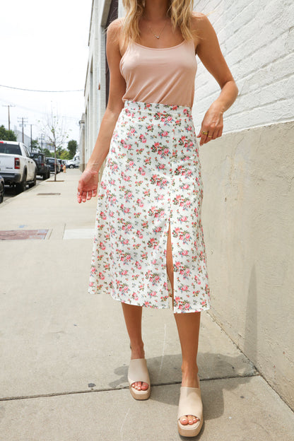 Put Together Ivory Front Slit Floral Print Lined Midi Skirt