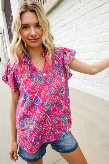 You Got This Fuchsia Abstract Print Notch Frill Neck Blouse
