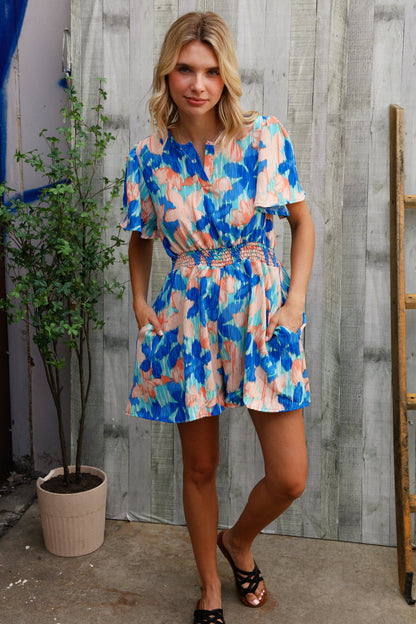 Feeling Bold Turquoise Floral Smocked Waist Flutter Sleeve Romper