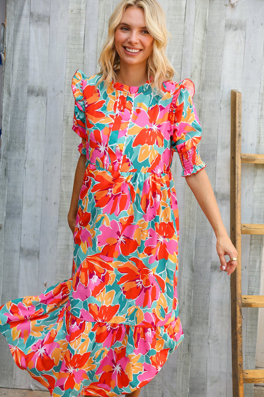 Dazzle In Orange & Aqua Floral Smocked Notched Neck Midi Dress