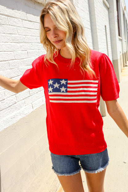 American Flag Bubble Short Sleeve Jacquard Sweater Knit Pullover