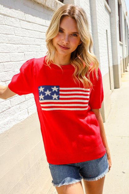 American Flag Bubble Short Sleeve Jacquard Sweater Knit Pullover