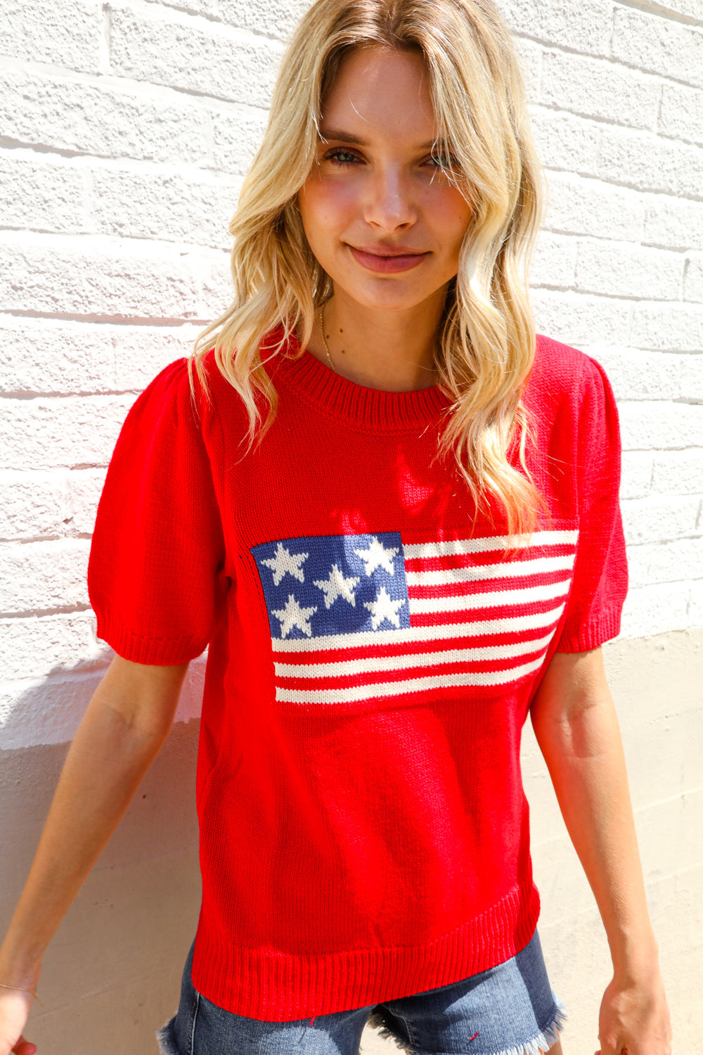 American Flag Bubble Short Sleeve Jacquard Sweater Knit Pullover