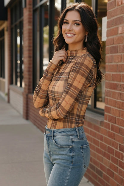 Chai Latte Plaid Mesh Mock Neck