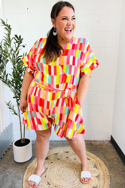 Eyes On You Coral Geo Abstract Surplice Woven Romper