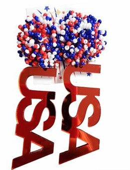 Red, White, Blue Beaded Loop Pom Post and Metallic Red "USA" Acrylic Earrings