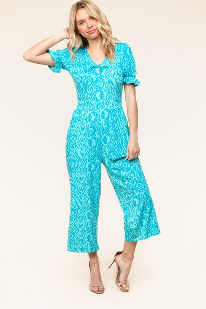 PLUS Spring Vibes Aqua Ikat Print Ruffle Sleeve Wide Leg Jumpsuit