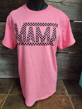 Black Checkered Mama on Safety Pink Tee